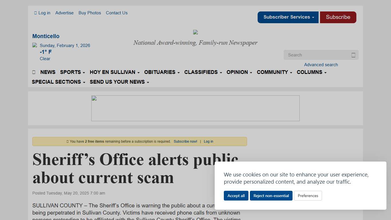Sheriff’s Office alerts public about current scam - Sullivan County Democrat